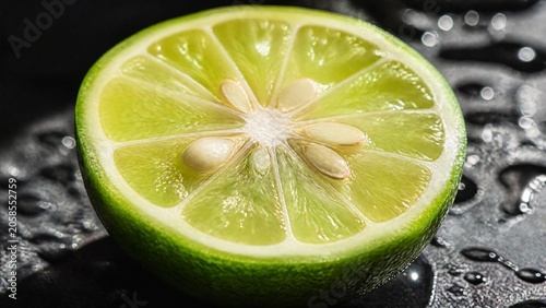 A fresh slice of sudachi lime on a dark surface, glistening with dewdrops in sunlight.