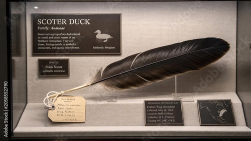 A scoter duck feather is displayed in a museum glass case with detailed labeling on a neutral background.