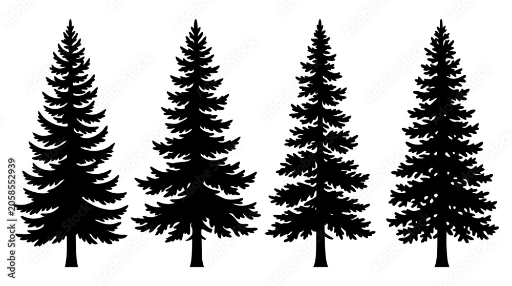 Obraz premium Diverse evergreen tree silhouettes for winter landscape and nature graphics. Vector illustrations symbolizing forest growth, natural beauty, and environmental harmony
