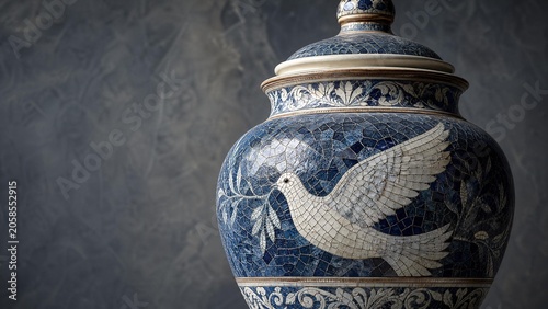 Close-up of a ceramic urn with a blue and white mosaic dove pattern.