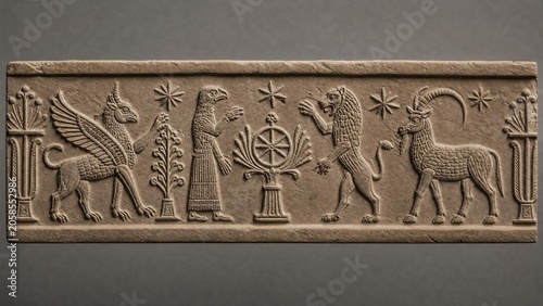 A detailed impression from a cylinder seal on clay, showing stylized mythological animals.