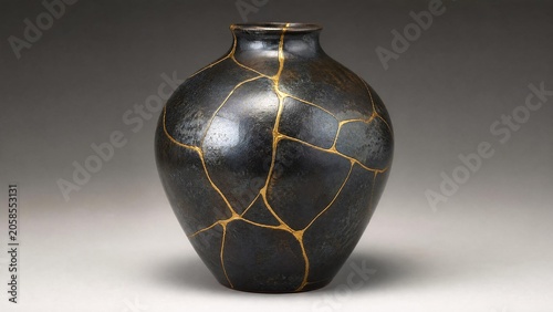 Shattered ceramic vase repaired with golden lacquer, kintsugi art on simple background.