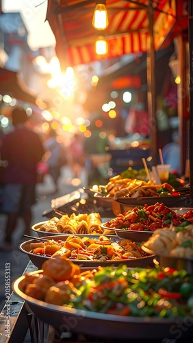 A vibrant street food market at sunset with various dishes on display