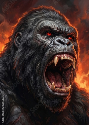 Furious silverback gorilla roaring with glowing red eyes in hellfire.