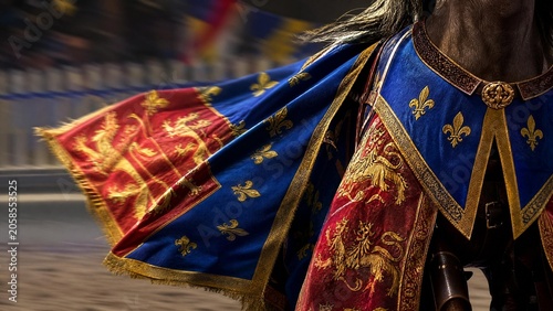 A medieval caparison billowing in the wind with vibrant colors.