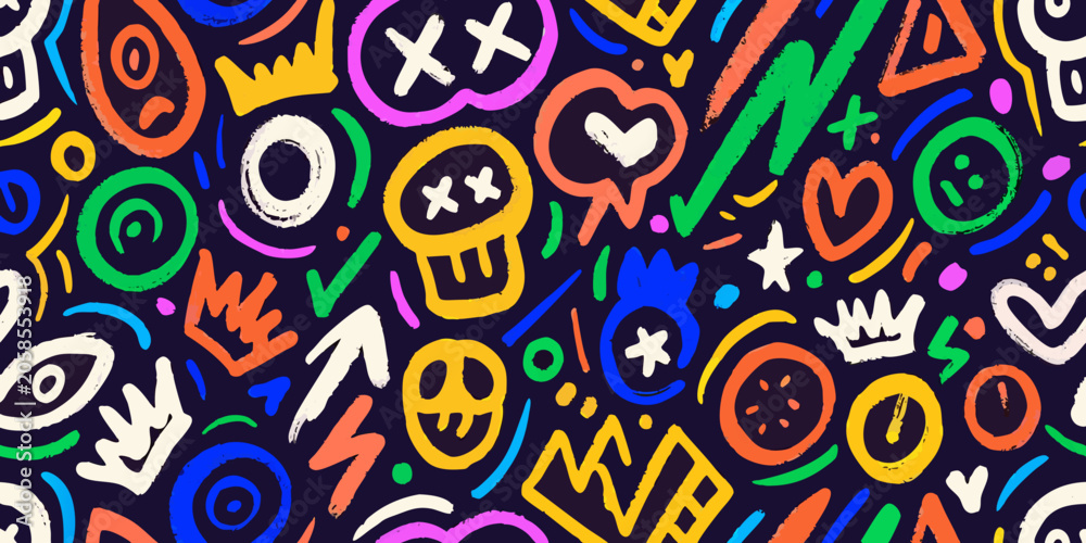 Fototapeta premium Neon graffiti doodle pattern colorful and seamless vector illustration