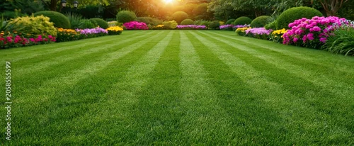 Panel kuchenny z motywem Manicured lawn with striking striped patterns, glowing in sunlight and bordered by bright flower beds.