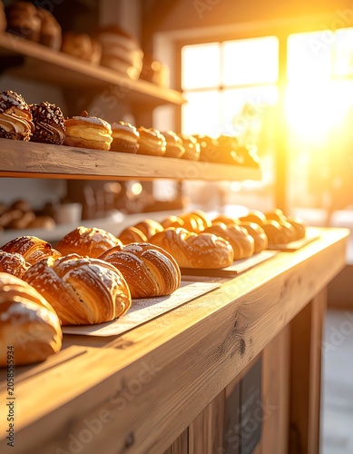 A warmly lit bakery display with assorted pastries on a wooden counter (1)