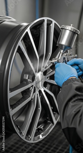 Gloved Technician Spray Painting Alloy Wheel in Automotive Workshop