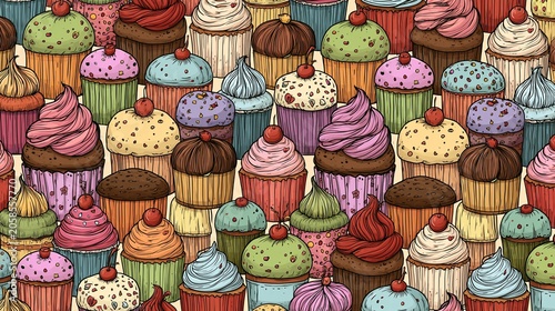 Cute, colorful cupcakes fill a repeating pattern like a doodle. Use it for wallpaper, gift wrap, or cloth.