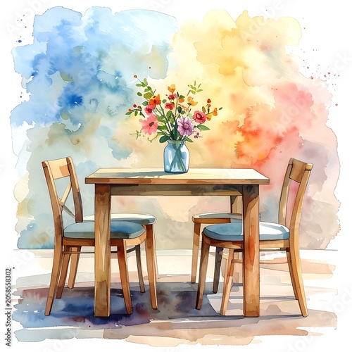 A watercolor painting of a wooden table with a vase of flowers and two chairs