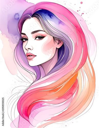 A watercolor portrait of a woman with multicolored hair
