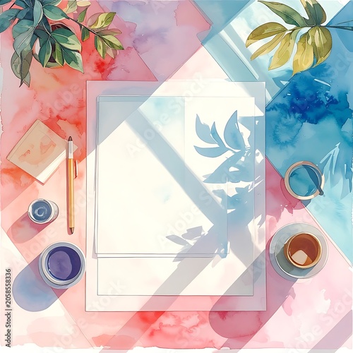 A watercolor-style desk with art supplies and plants