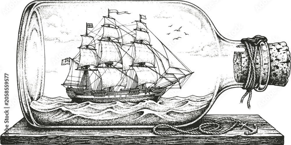 Obraz premium Vintage sailing ship, miniature boat in bottle, nautical illustration, black and white vector
