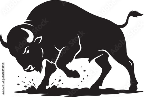 Angry Bison Silhouette Line Art Bold Outline Wildlife Animal Vector Illustration