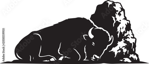 Bison Silhouette Line Art Bold Outline Wildlife Animal Vector Illustration