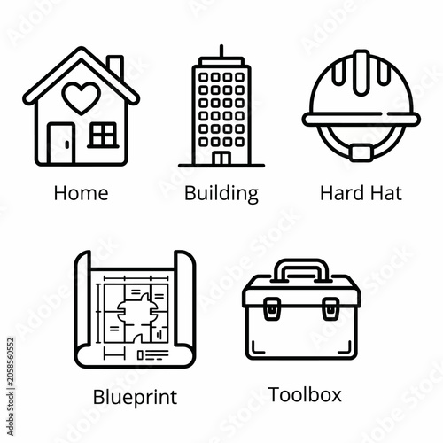 Property and Construction Icons: Home, Building, Hard Hat, Blueprint, Toolbox