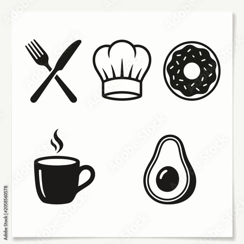 Kitchen Utensils, Chef Hat, Donut, Coffee Cup, Avocado Icons
