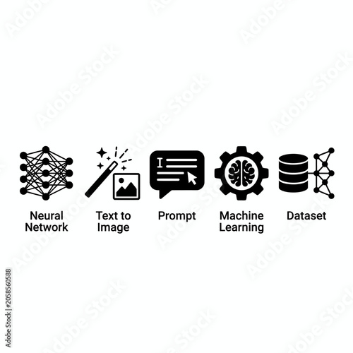 AI Technology Icons: Neural Network, Text to Image, Prompt, Machine Learning, Dataset