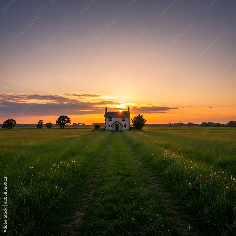 Fototapeta premium Small Rural House Standing at Sunset in Green Meadow Landscape
