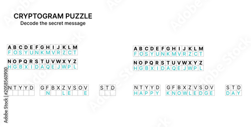 Bilde på lerret A cryptogram puzzle designed for decoding secret messages, showcasing letter substitutions and a playful challenge for puzzle enthusiasts