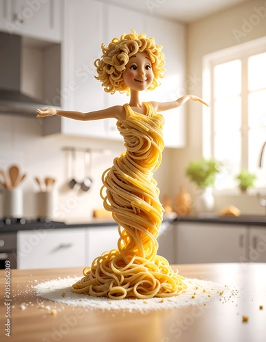 A whimsical kitchen scene with a humanoid figure made of pasta