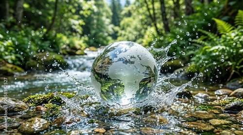 Globe in Water Splash in Lush Forest for Eco Concept Visuals