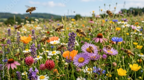 Bees over a Meadow of Wildflowers in Bright Summer Field