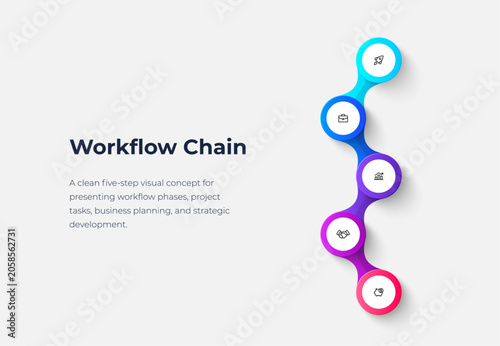 Five Step Vertical Circle Chain Infographic for Workflow Phases, Project Tasks and Process Development