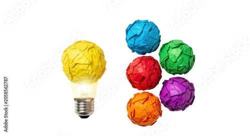 Luminous yellow crumpled paper lightbulb, metallic base, clustered vibrant paper balls (blue, green, red, orange, purple) on a transparent background, concept of collaborative innovation