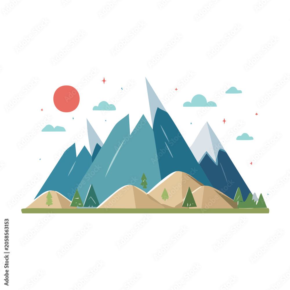 Fototapeta premium Flat design mountain landscape with sun and clouds