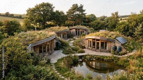 Earthsheltered Hobbit Style Village with Green Roofs and Pond
