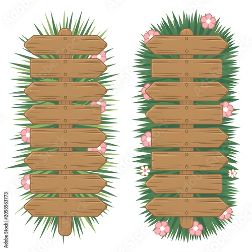 Set of two rustic wooden signposts with grass and flowers for garden or nature signage, blank directional arrows on wooden poles, vector illustration isolated on white background for design elements.