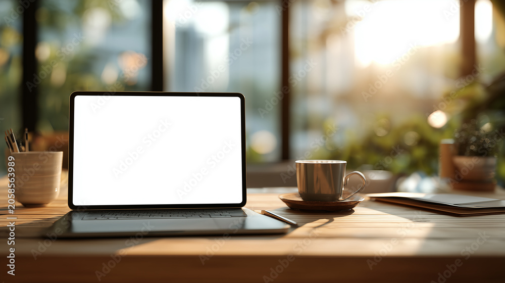 Fototapeta premium modern laptop with blank screen on wooden desk in sunlit home office workspace