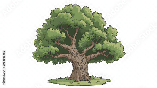 Beautiful Hand-Drawn Large Oak Tree Illustration with Detailed Trunk and Lush Green Foliage Isolated on White Background for Nature Design Projects, Ecological Concepts, and Botanical Graphic Art
