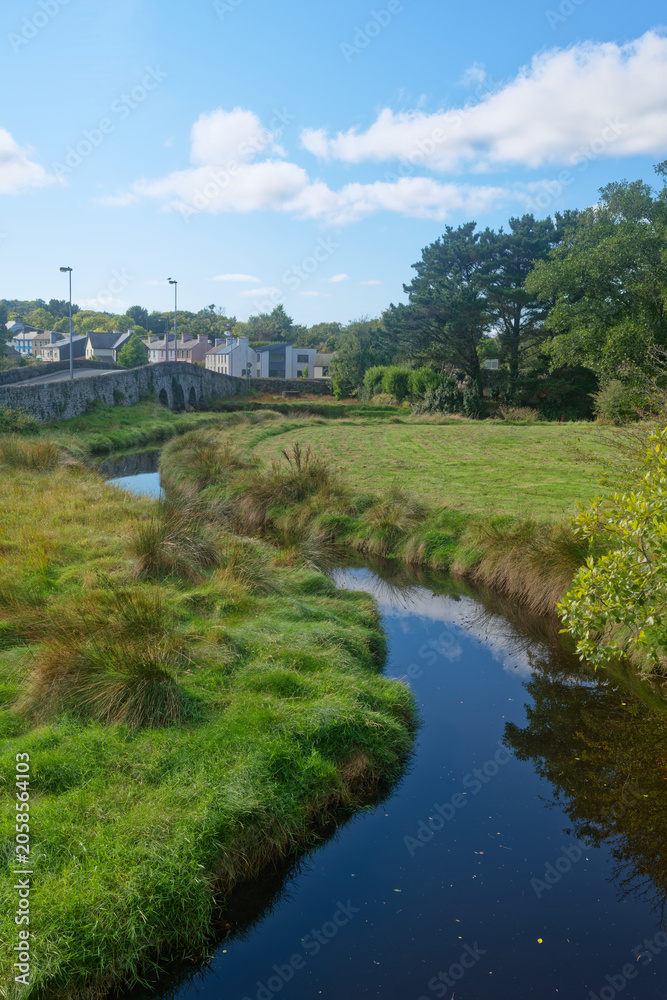 Fototapeta premium A tranquil river winds through lush green banks and fields, leading to an ancient stone arch bridge with houses of a village visible in the distance on a clear, sunny summer day.