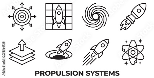 Obraz na płótnie Collection of line art icons representing propulsion systems and space explorati