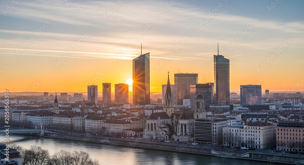 Fototapeta premium Modern City Skyline Glowing at Sunrise Beside Calm River