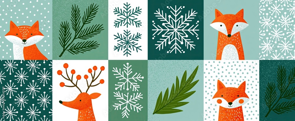 Fototapeta premium Festive winter scene featuring playful foxes, snowflakes, and fir branches in bright, cheerful colors.