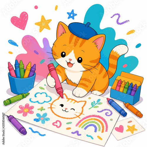 Cheerful cat creates colourful doodles