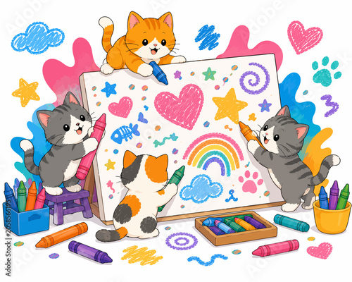 Kittens creating colourful crayon art
