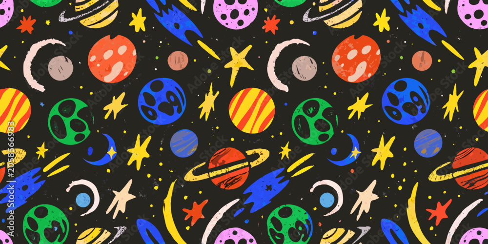 Naklejka premium Colorful space pattern with planets stars and rings vector illustration