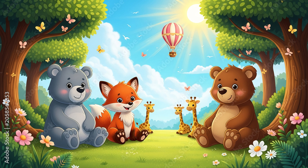 Fototapeta premium Cartoon animals gather in a sunny meadow, with butterflies, birds, and a hot air balloon, symbolizing childhood joy, friendship, and adventure