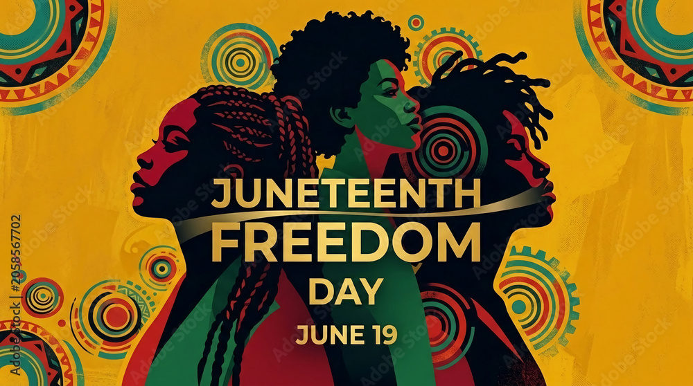 Fototapeta premium Juneteenth Freedom Day graphic featuring profiles of three individuals with African-inspired patterns, symbolizing heritage and liberation