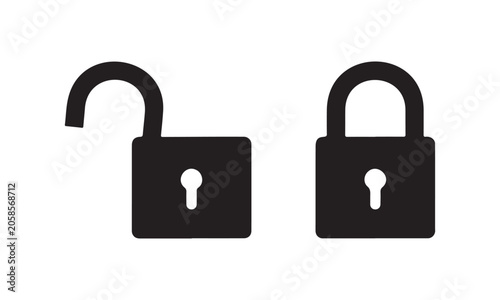 Unlocked and locked padlock icons on transparent background, security concept.