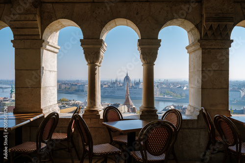 Scenic view of Budapest from a charming cafe terrace in Hungary during a sunny day
