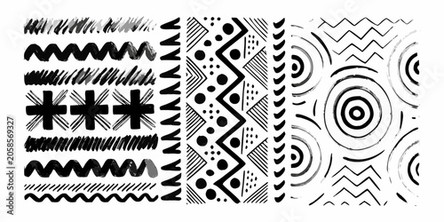 Schilderij op canvas Black And White Doodle Pattern With Various Linear Elements