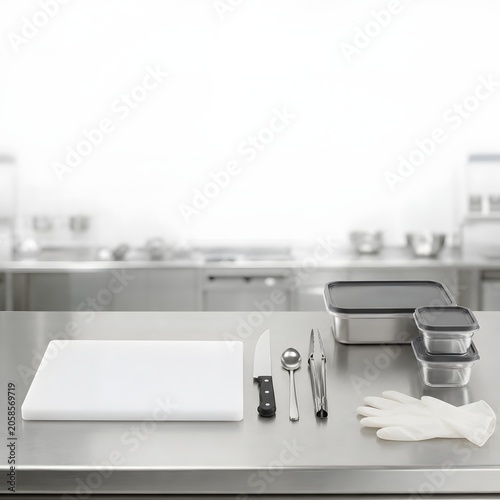 A clean commercial kitchen prep corner with a separate cutting board, covered containers, utensils, and gloves for allergen-safe food handling and contamination control.