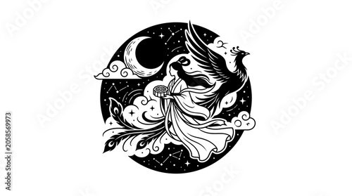 Foto A graceful woman in traditional robes accompanied by a majestic phoenix