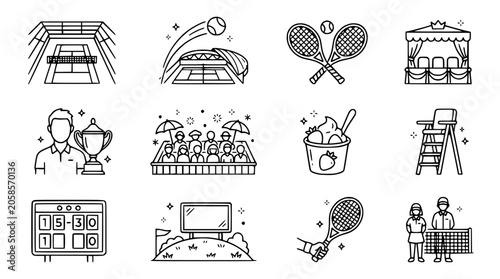 Photos Tennis Icons Set: Court, Rackets, Trophy, Scoreboard, Players, and More - Vector